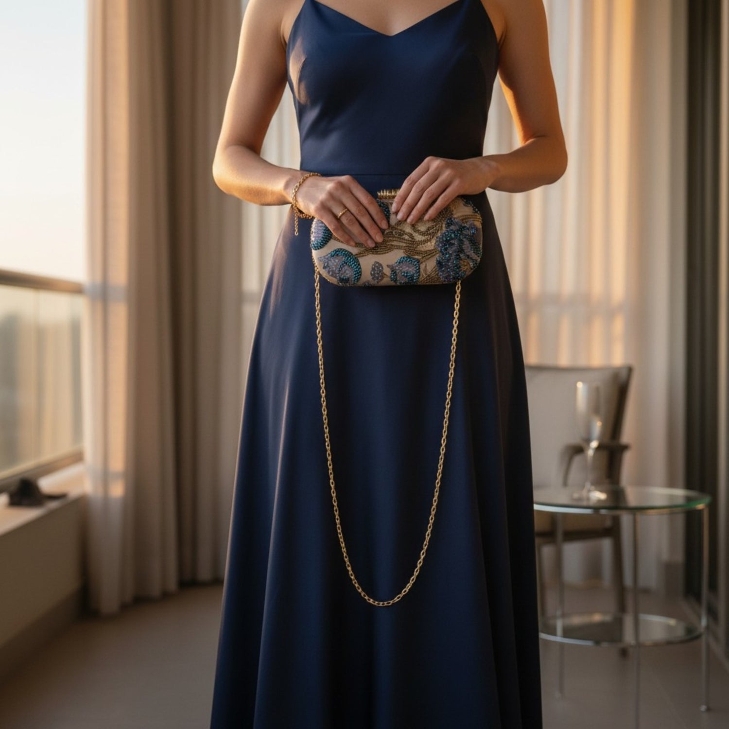 Woman in a navy blue dress holding a small clutch in a room with curtains and a chair.