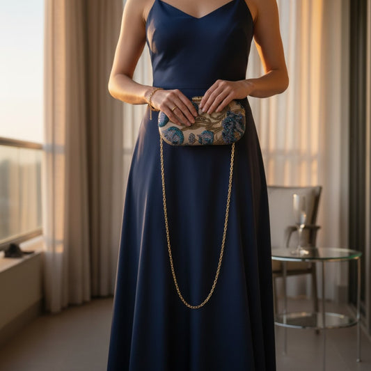 Woman in a navy blue dress holding a small clutch in a room with curtains and a chair.