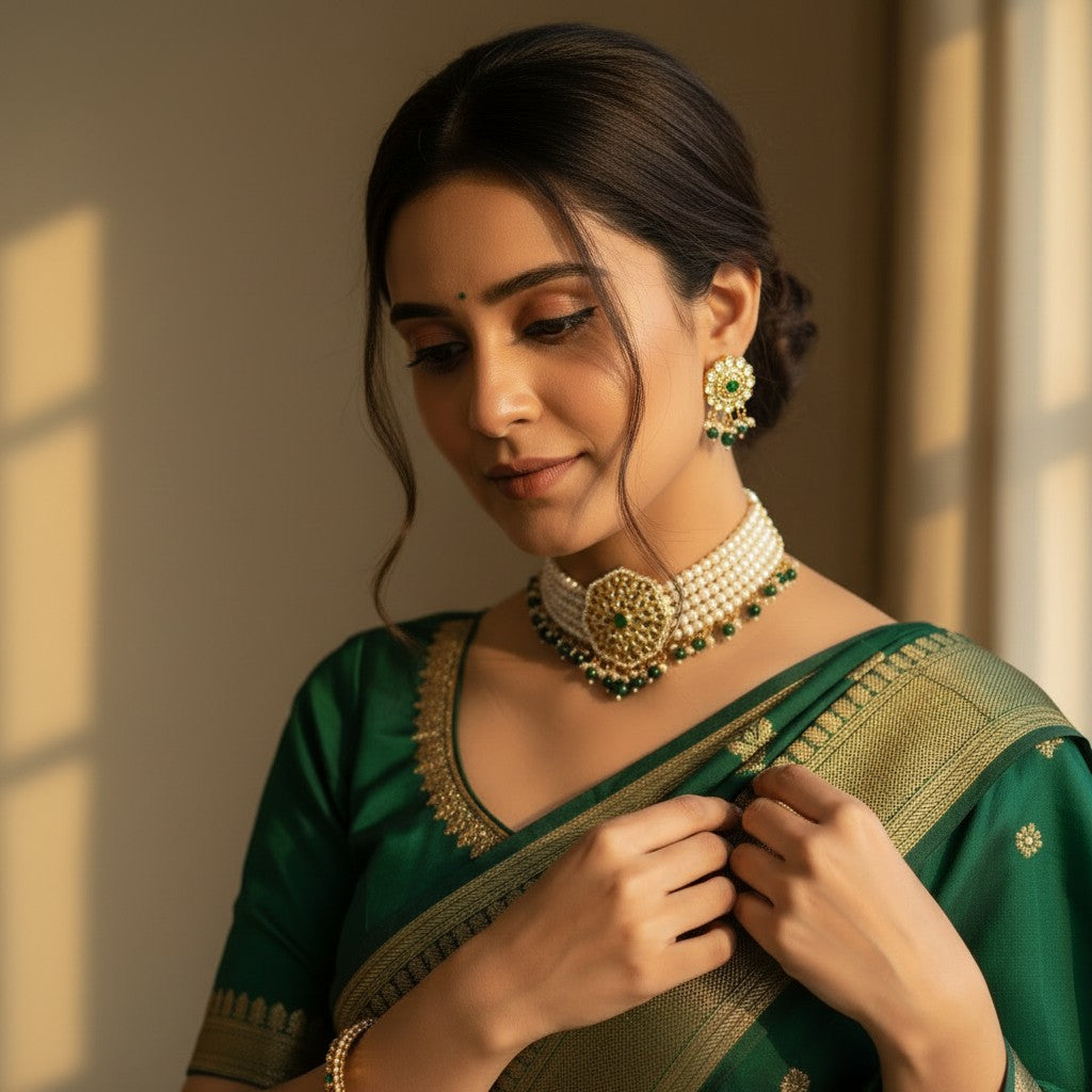 Navdeep Gold Plated Kundan And Pearl Choker Set With Ring (ST1049) (Emerald Green)