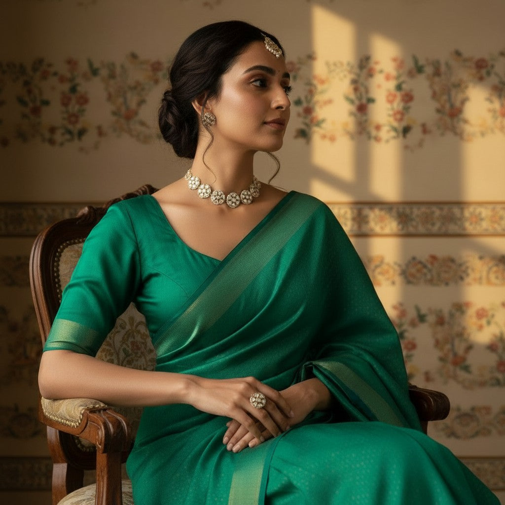 Woman in a green saree sitting on a chair with floral wallpaper in the background