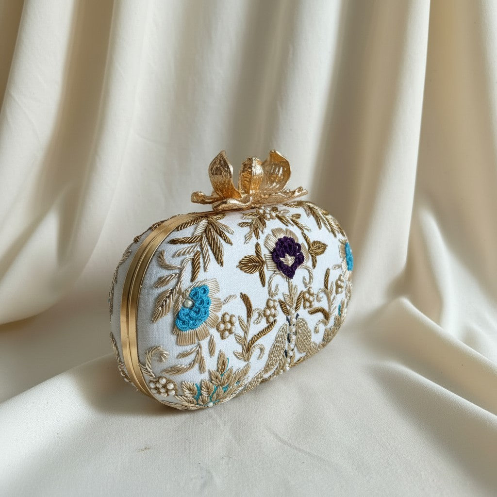 Flower Clasp Oval Off White Clutch (ST1162)