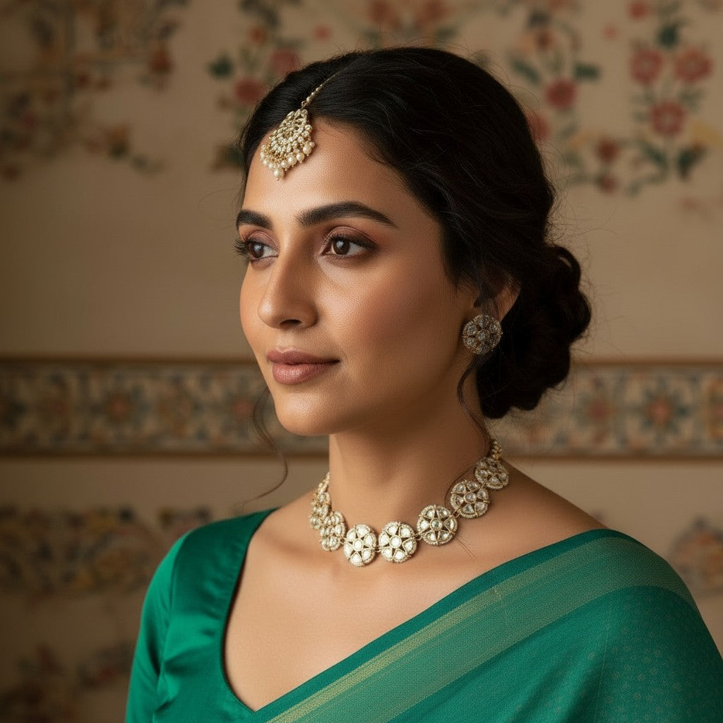 Woman wearing a green saree with gold jewelry against a decorative wall.