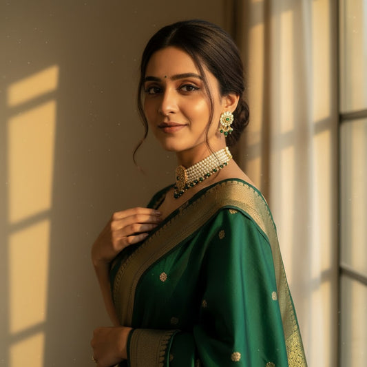 Navdeep Gold Plated Kundan And Pearl Choker Set With Ring (ST1049) (Emerald Green)