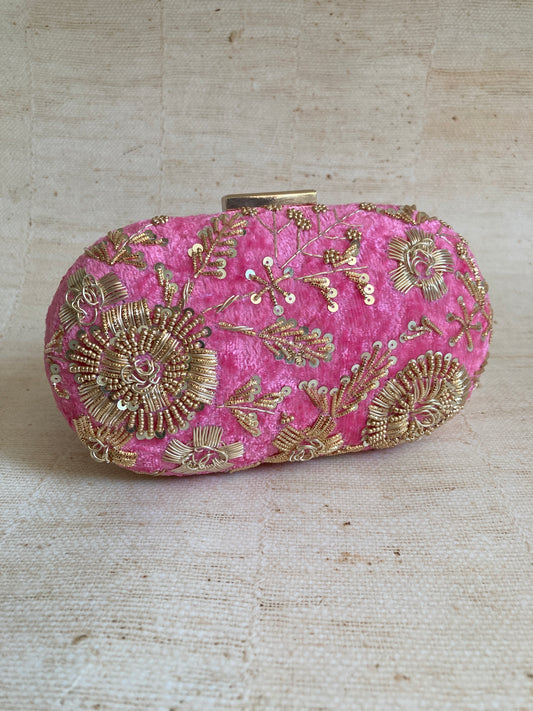 Rosa Hot Pink Oval Velvet Clutch (ST903)