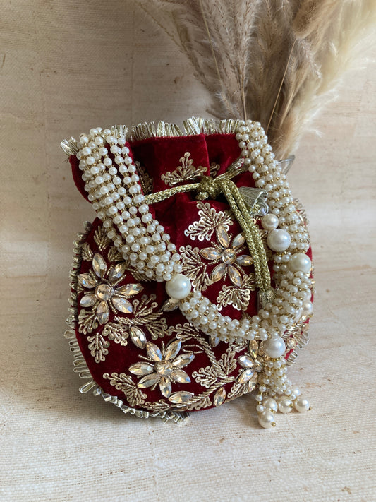 Laila Velvet Potli Bag (ST1056) (Maroon)