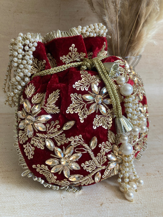 Laila Velvet Potli Bag (ST1056) (Maroon)