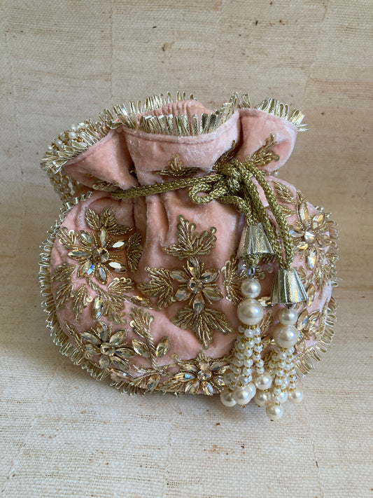 Laila Velvet Potli Bag (ST1056) (Pink)