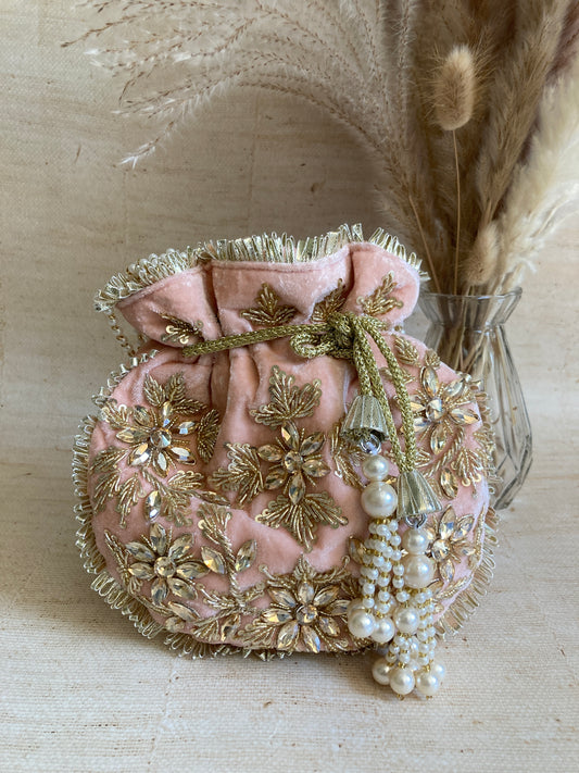 Laila Velvet Potli Bag (ST1056) (Pink)