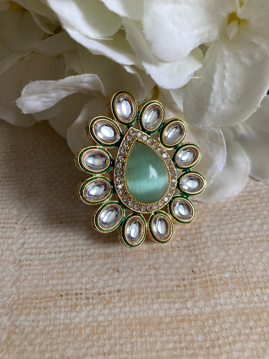 Roop Mint Green Gold Plated Kundan Ring (ST855)