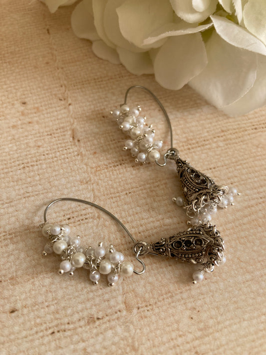 Oxidised Silver Pearl Jhumki Earrings (ST1083)
