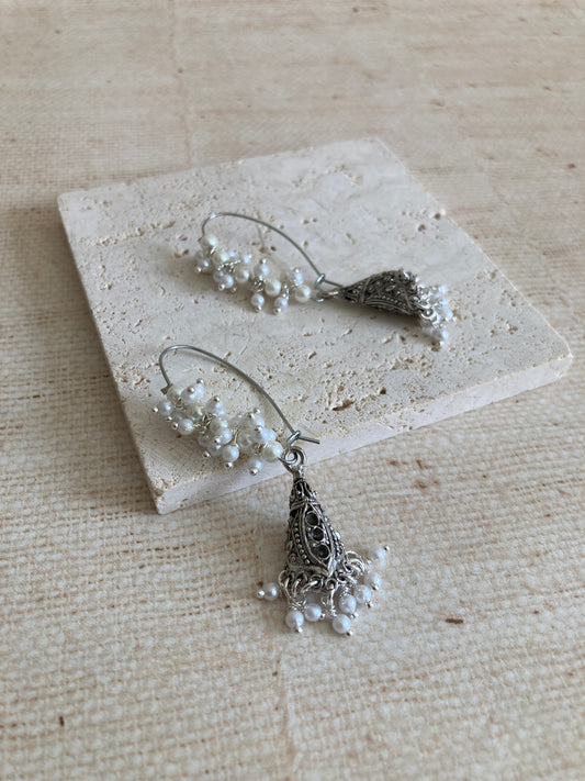 Oxidised Silver Pearl Jhumki Earrings (ST1083)