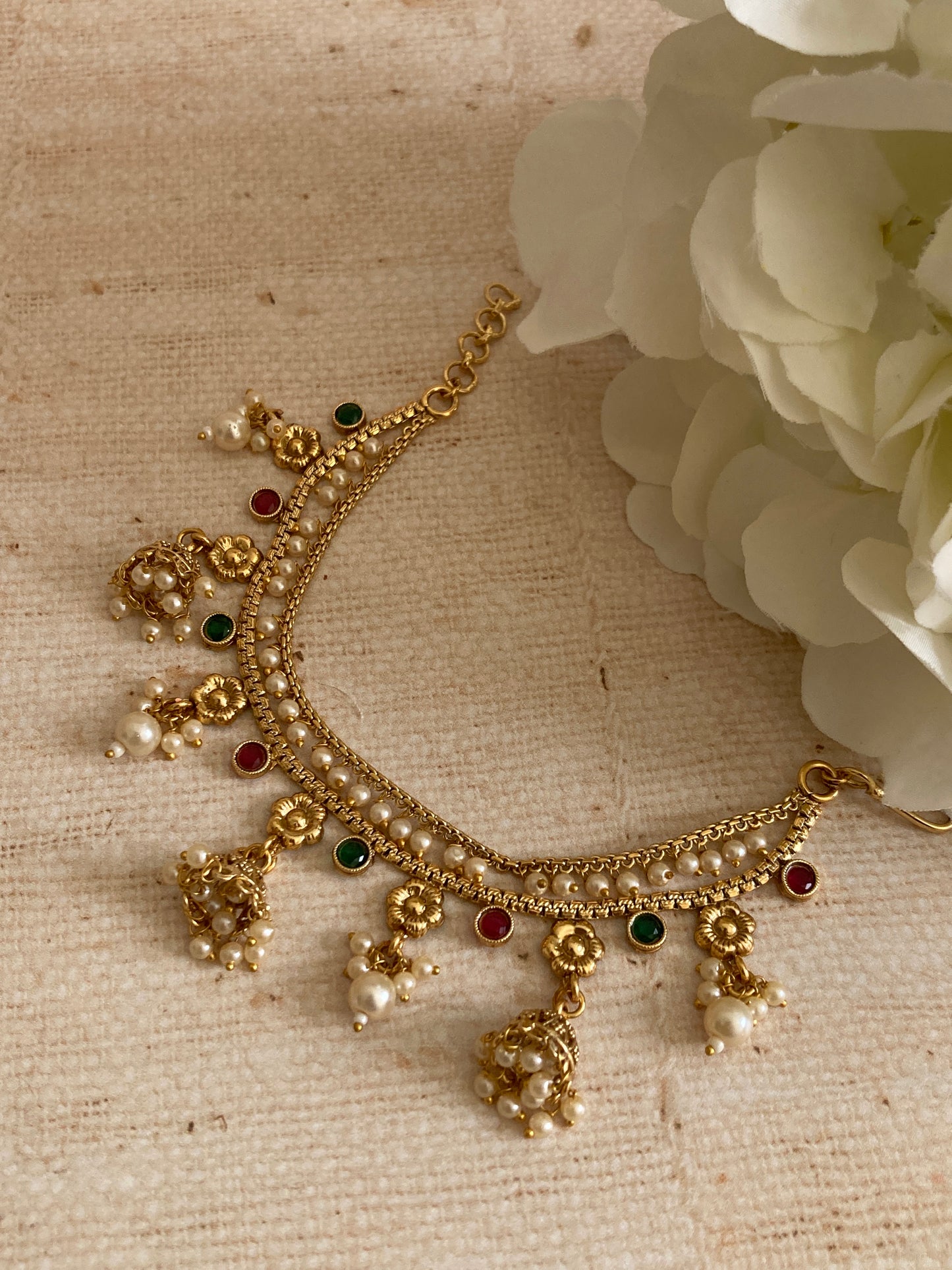 Gold Plated Pearl Ear Chains/Kaan Chain (ST1085) (Green And Pink)