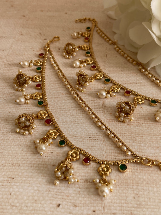 Gold Plated Pearl Ear Chains/Kaan Chain (ST1085) (Green And Pink)
