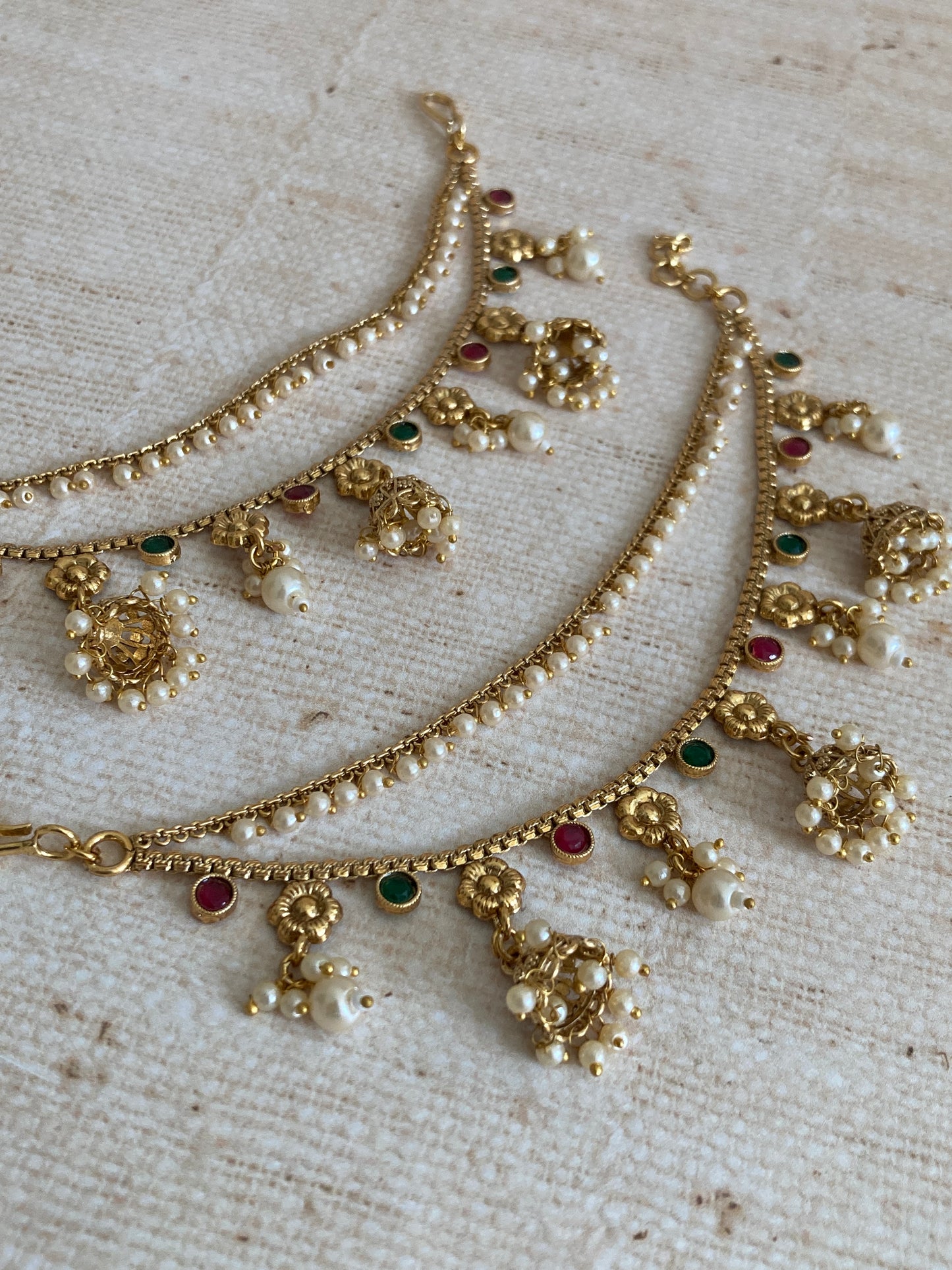 Gold Plated Pearl Ear Chains/Kaan Chain (ST1085) (Green And Pink)