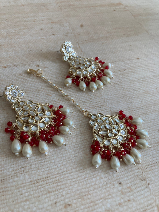 Noor Red Gold Plated Kundan Earrings And Tikka Set (ST979)