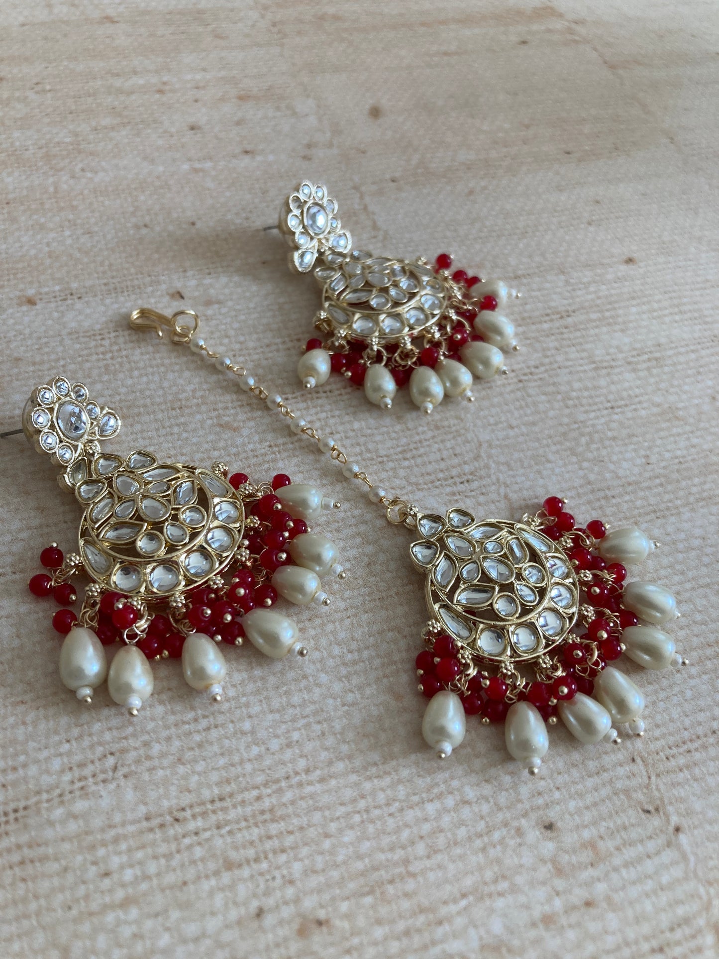 Noor Red Gold Plated Kundan Earrings And Tikka Set (ST979)