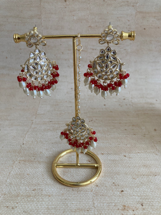 Noor Red Gold Plated Kundan Earrings And Tikka Set (ST979)