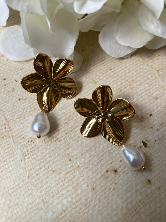Gold Flower Pearl Drop Earrings (ST1065)