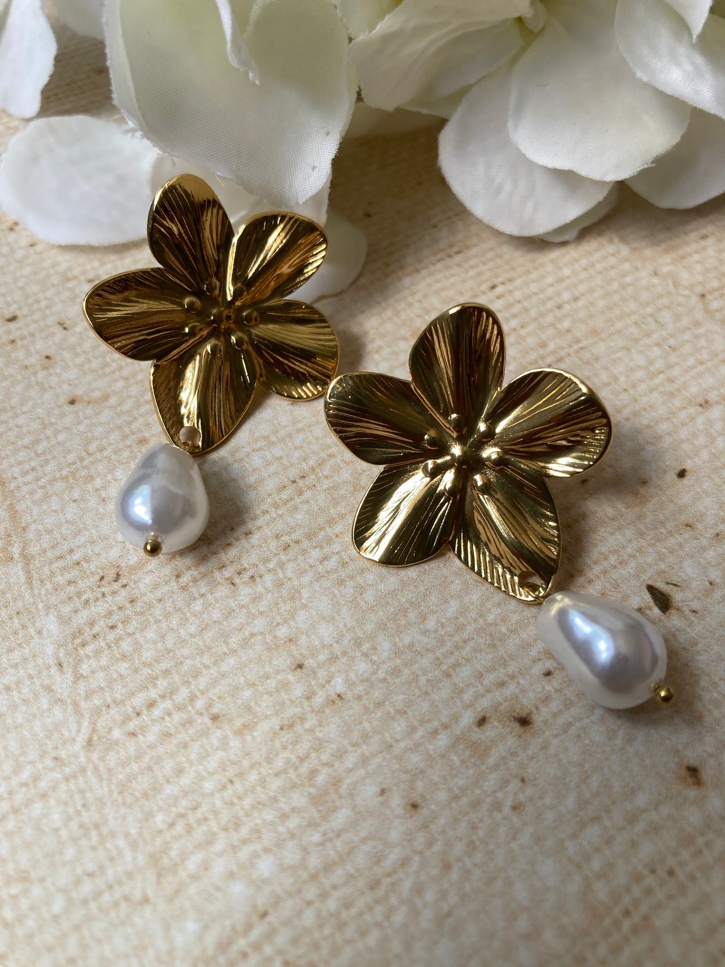 Gold Flower Pearl Drop Earrings (ST1065)
