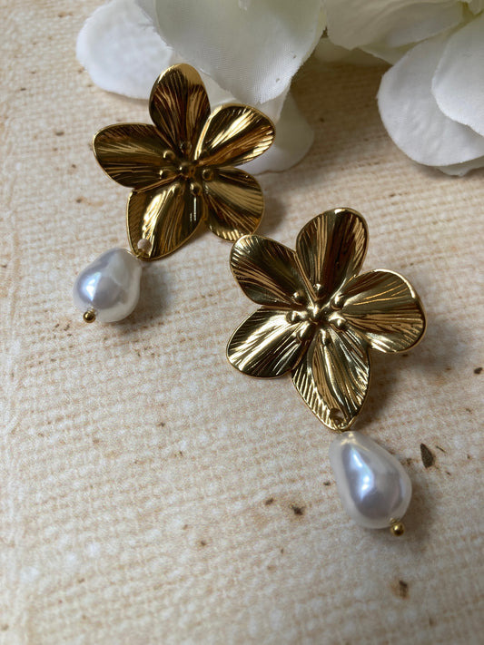 Gold Flower Pearl Drop Earrings (ST1065)