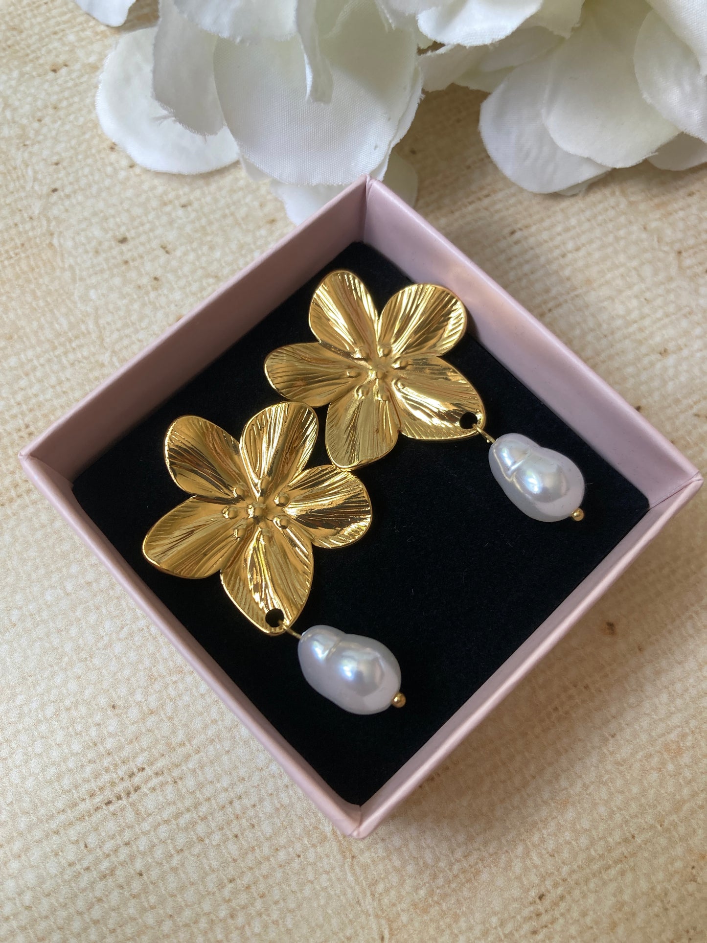 Gold Flower Pearl Drop Earrings (ST1065)