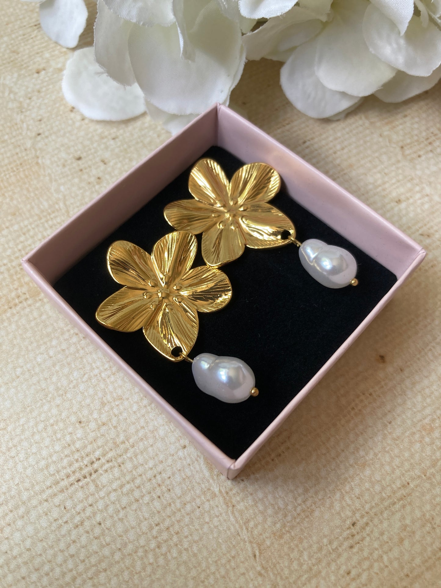 Gold Flower Pearl Drop Earrings (ST1065)