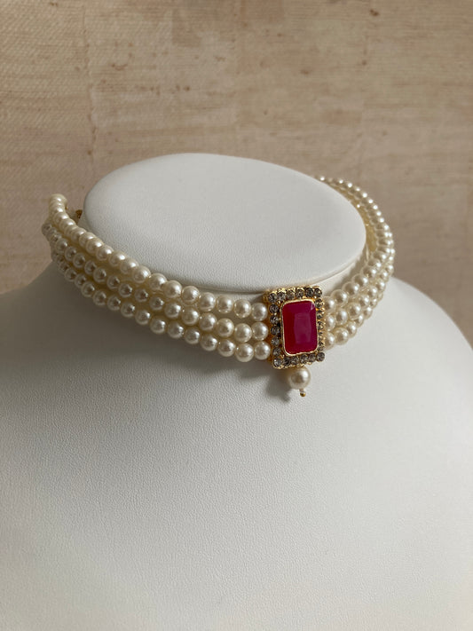 Safeena 18K Gold Plated Handcrafted Pearl Choker Set (ST793) (Pink)