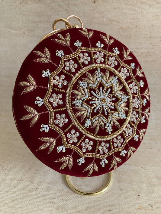 Aarza Maroon Velvet Bangle Clutch (ST735)
