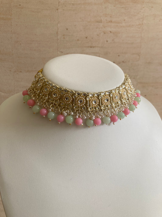 Deepika Lightweight Gold Plated Pearl Choker Set (ST875) (Mint And Pink)