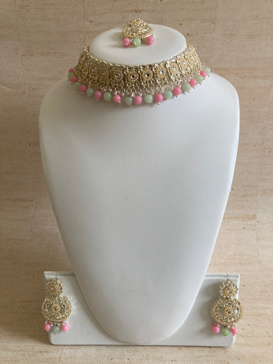 Deepika Lightweight Gold Plated Pearl Choker Set (ST875) (Mint And Pink)