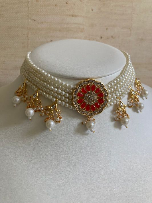 Red And White Gold Plated Kundan Pearl Choker Set (ST890)