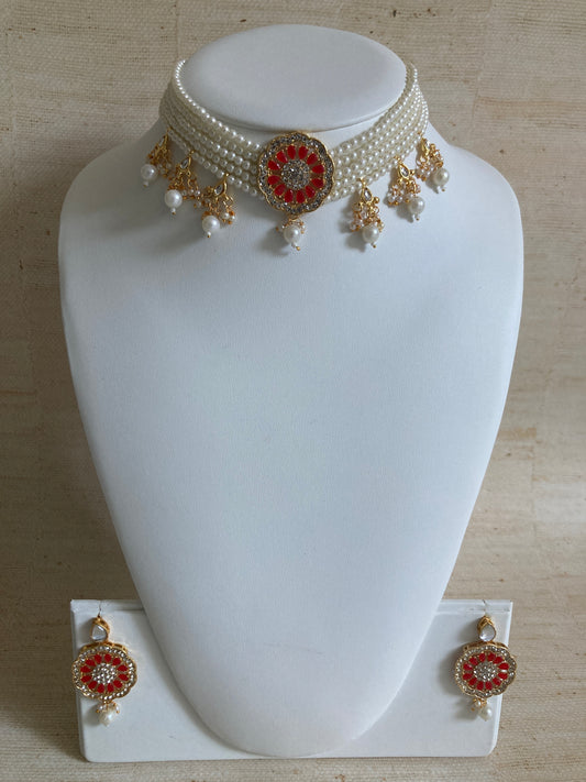 Red And White Gold Plated Kundan Pearl Choker Set (ST890)