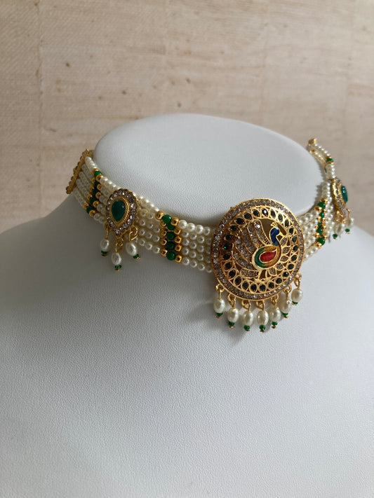 Peacock Gold Plated Austrian Stone And Pearl Choker Necklace Set (ST886) (Green)