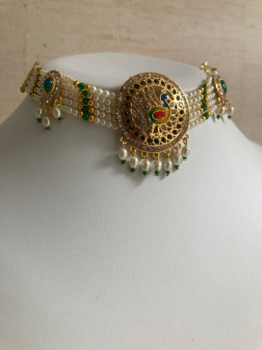 Peacock Gold Plated Austrian Stone And Pearl Choker Necklace Set (ST886) (Green)