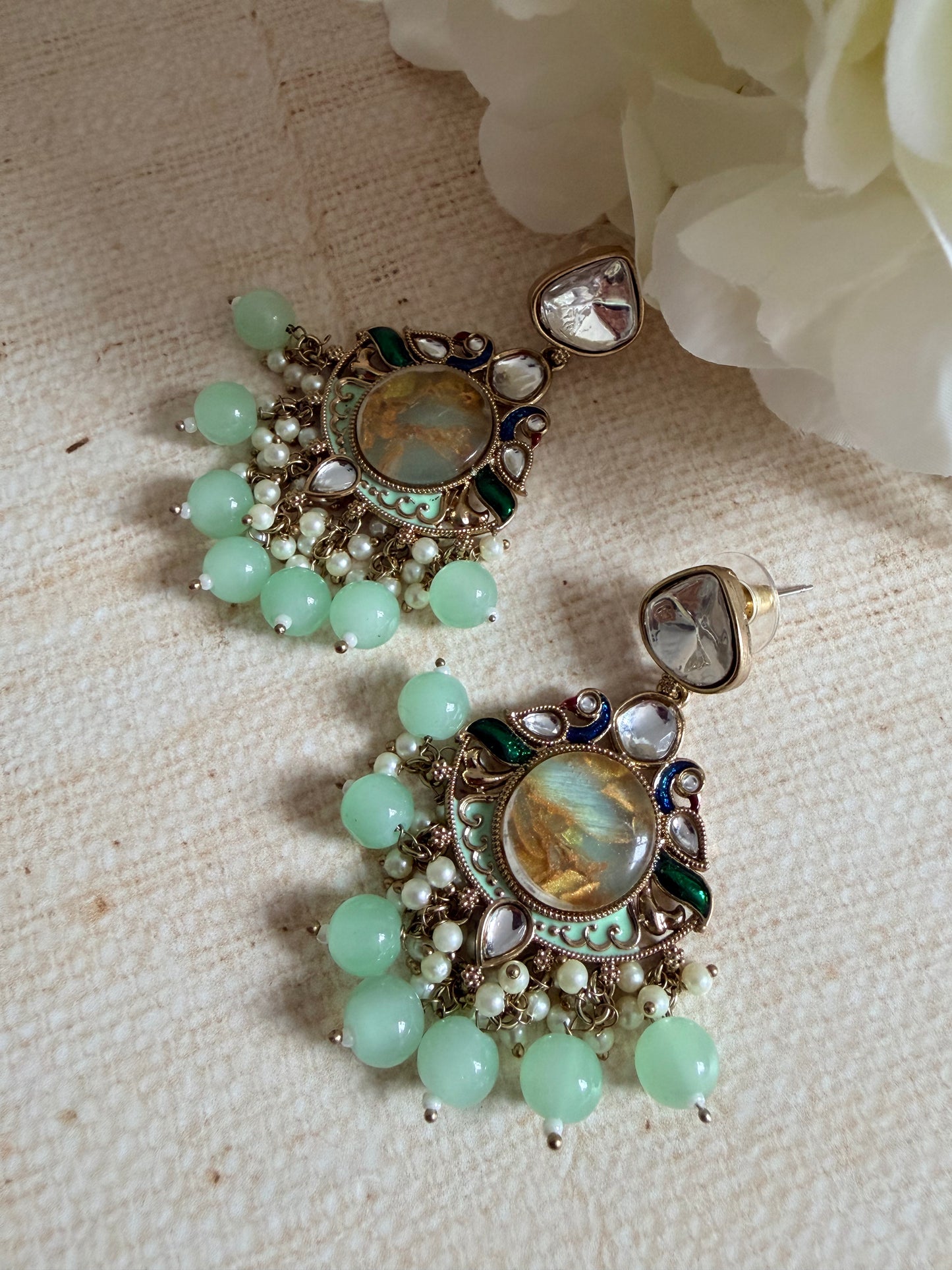 Kundan Earrings With Mehndi Plating (ST1058) (Green)