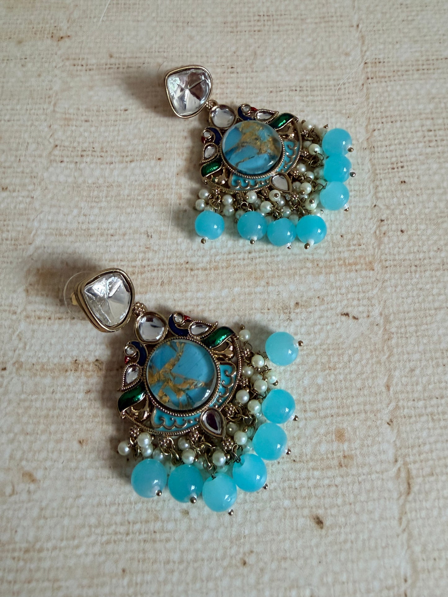 Kundan Earrings With Mehndi Plating (ST1058) (Blue)