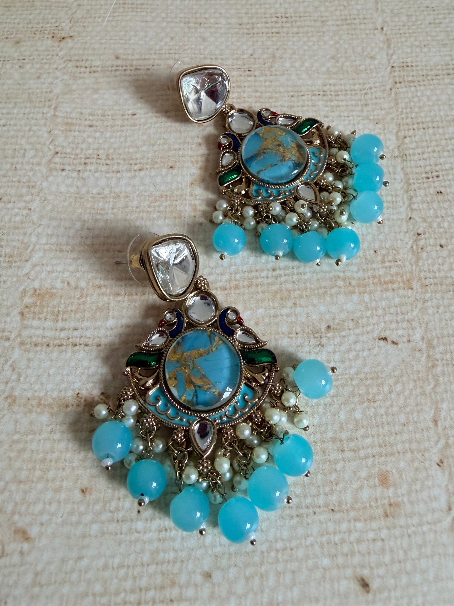 Kundan Earrings With Mehndi Plating (ST1058) (Blue)