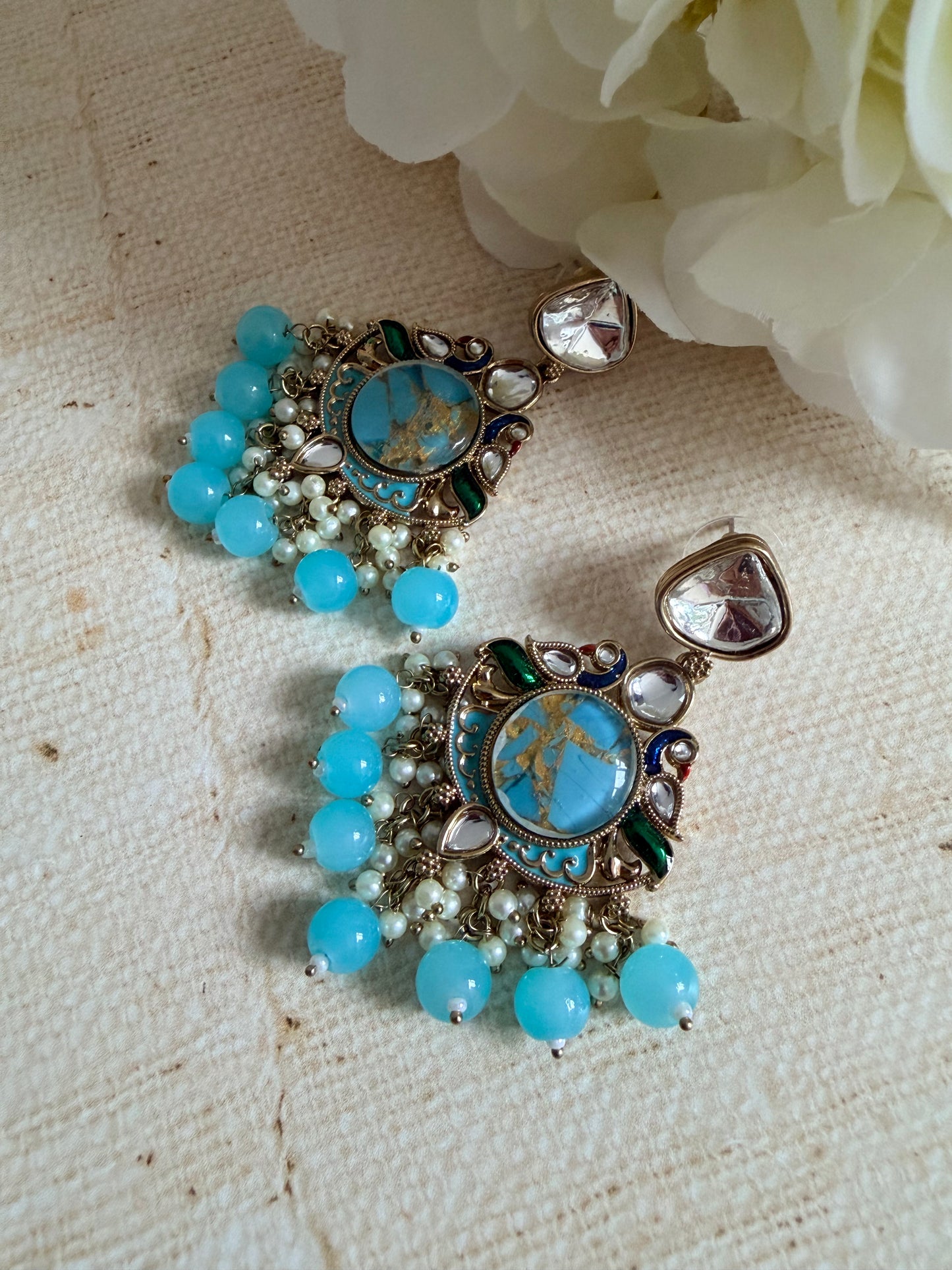 Kundan Earrings With Mehndi Plating (ST1058) (Blue)