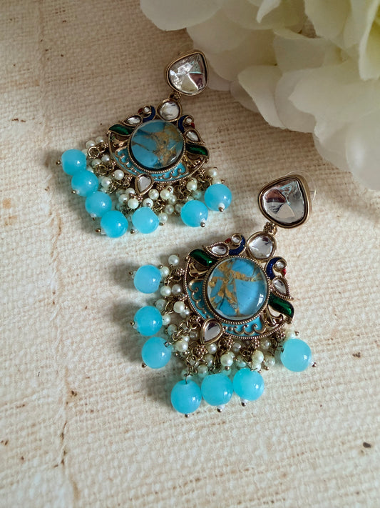 Kundan Earrings With Mehndi Plating (ST1058) (Blue)