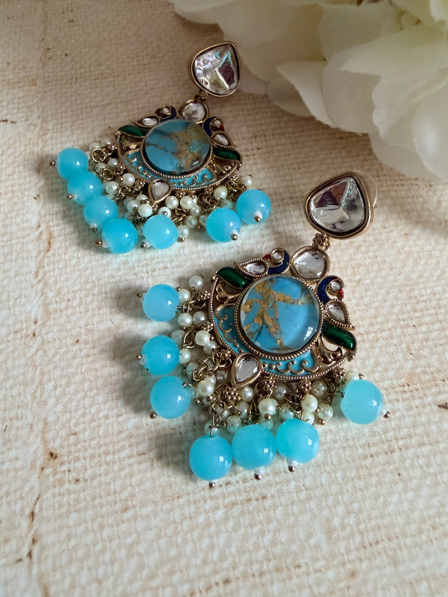 Kundan Earrings With Mehndi Plating (ST1058) (Blue)