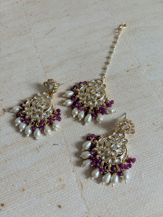 Noor Purple Gold Plated Kundan Earrings And Tikka Set (ST979)