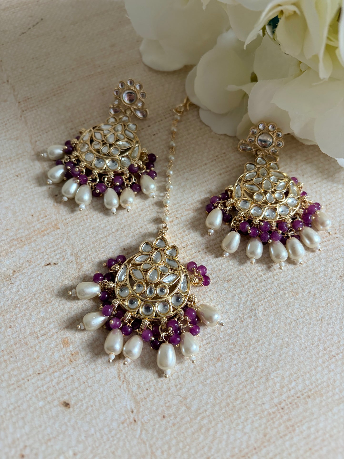 Noor Purple Gold Plated Kundan Earrings And Tikka Set (ST979)