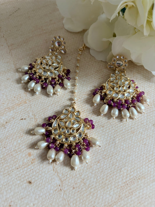 Noor Purple Gold Plated Kundan Earrings And Tikka Set (ST979)