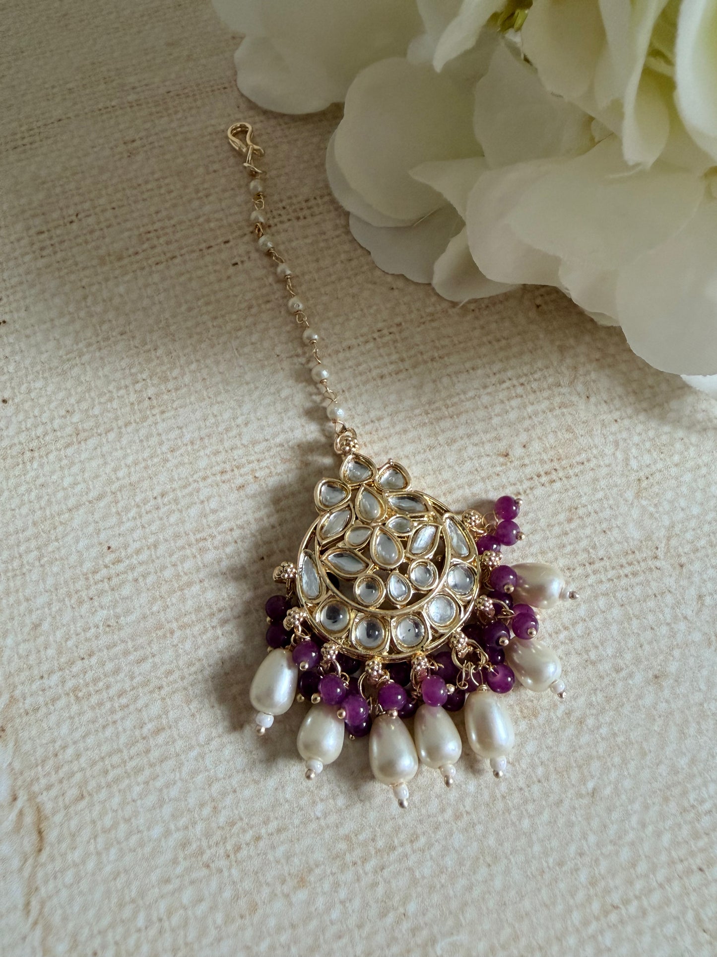 Noor Purple Gold Plated Kundan Earrings And Tikka Set (ST979)