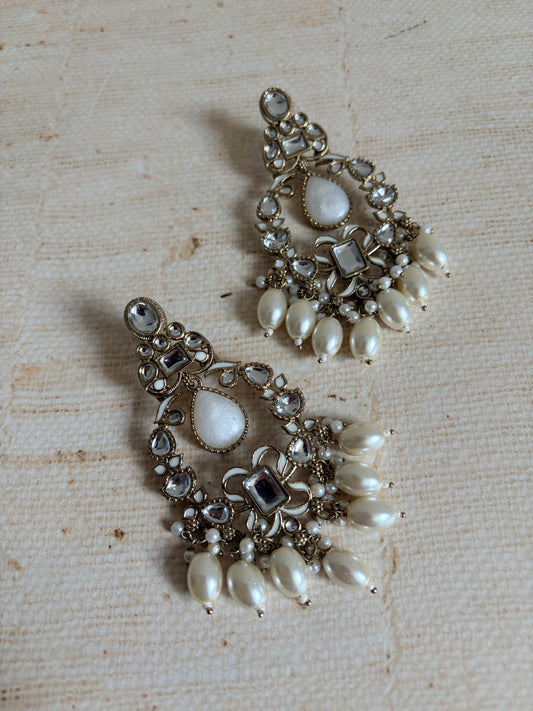 Anaya Kundan Pearl Antique Earrings (ST1059) (White)