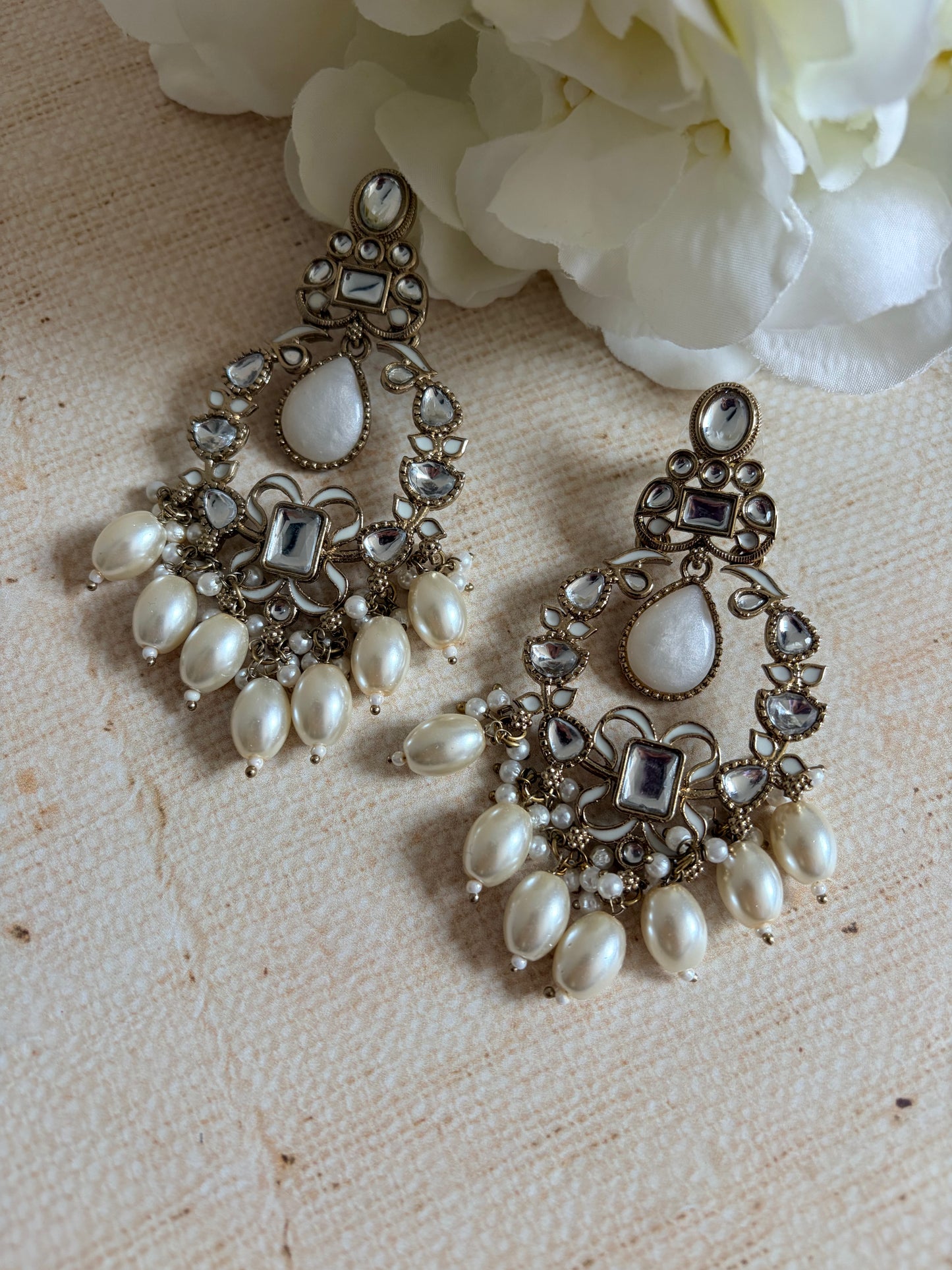 Anaya Kundan Pearl Antique Earrings (ST1059) (White)