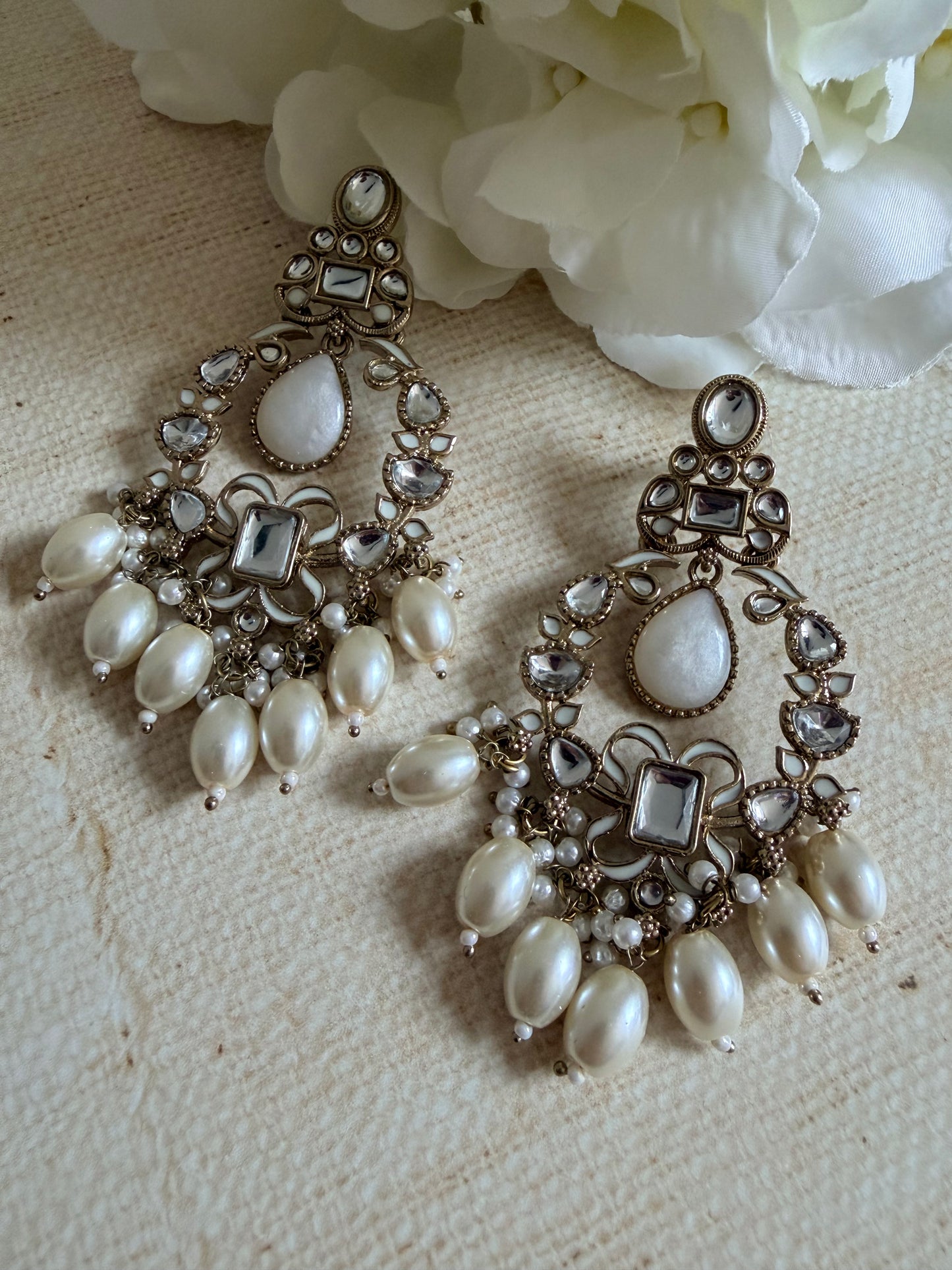 Anaya Kundan Pearl Antique Earrings (ST1059) (White)