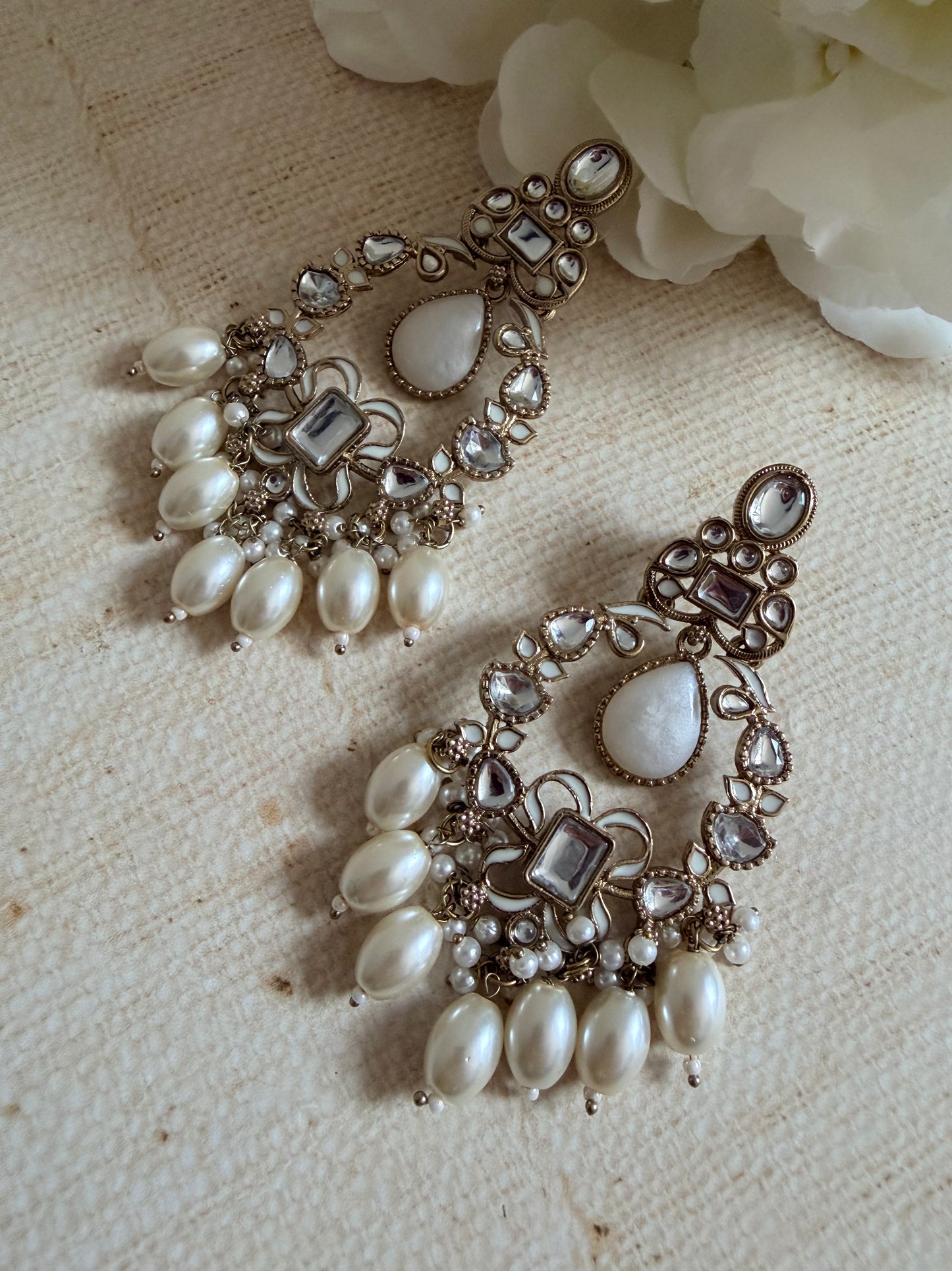 Anaya Kundan Pearl Antique Earrings (ST1059) (White)