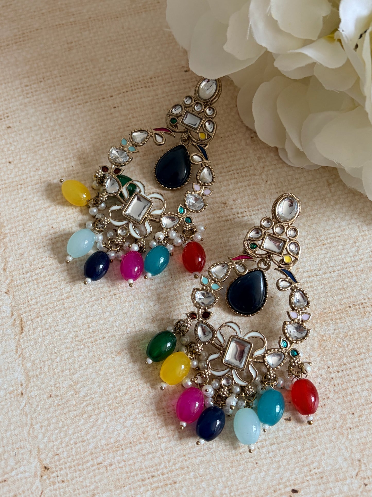 Anaya Kundan Pearl Antique Earrings (ST1059) (Multicoloured)