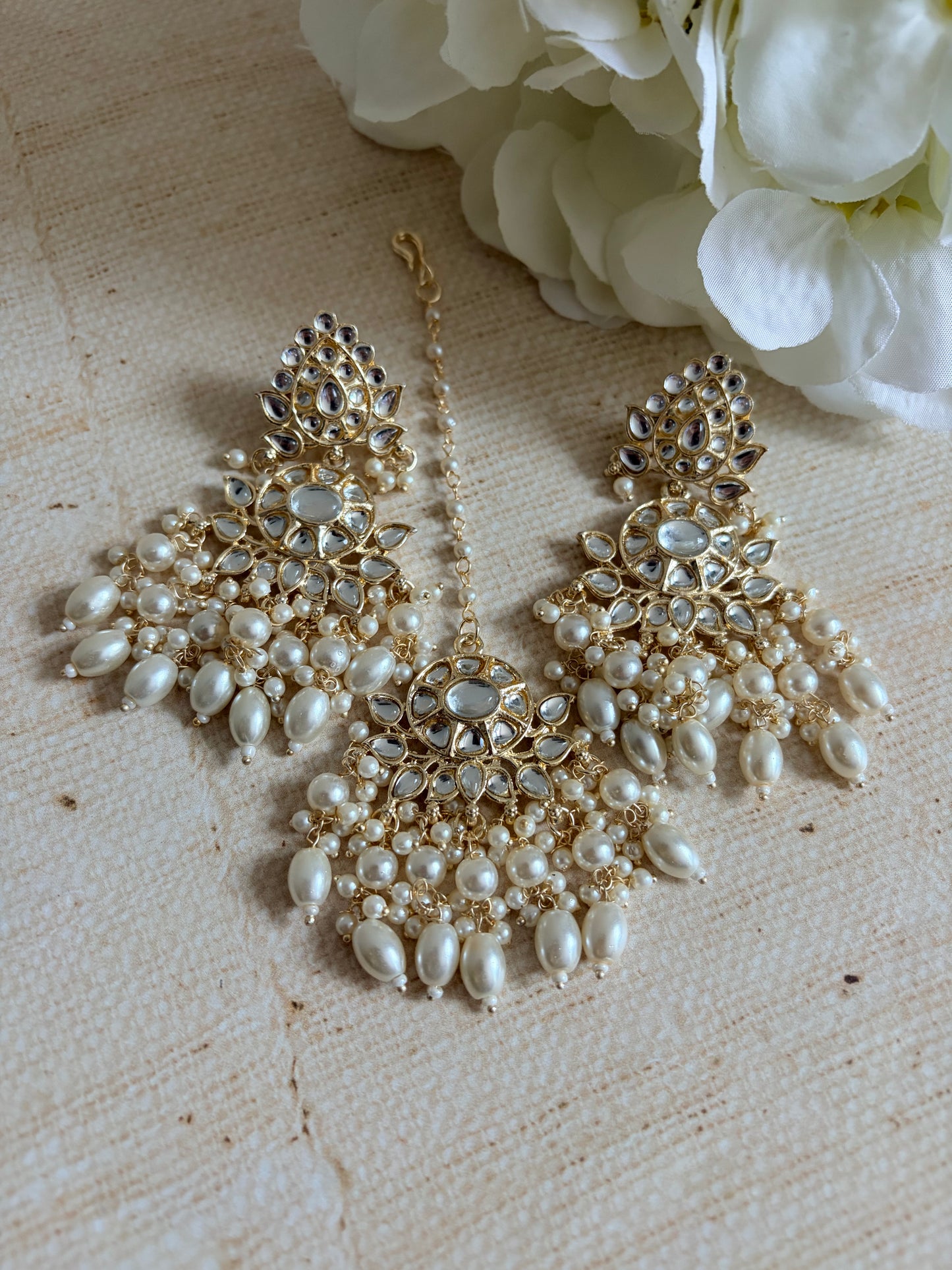 Riva White Gold Plated Kundan Earrings And Tikka Set (ST1061)